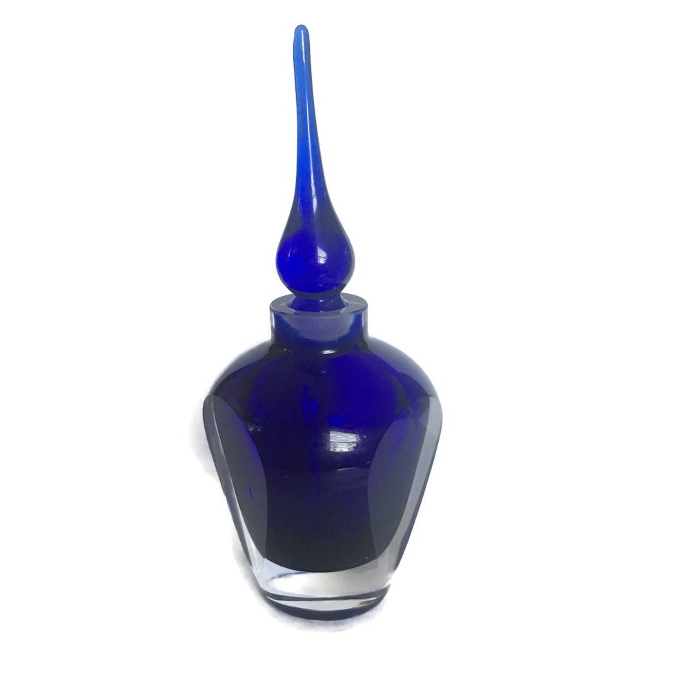 STUDIO ART GLASS Crystal Perfume Bottle Hand Blown Stopper Clear Over Cobal Blue